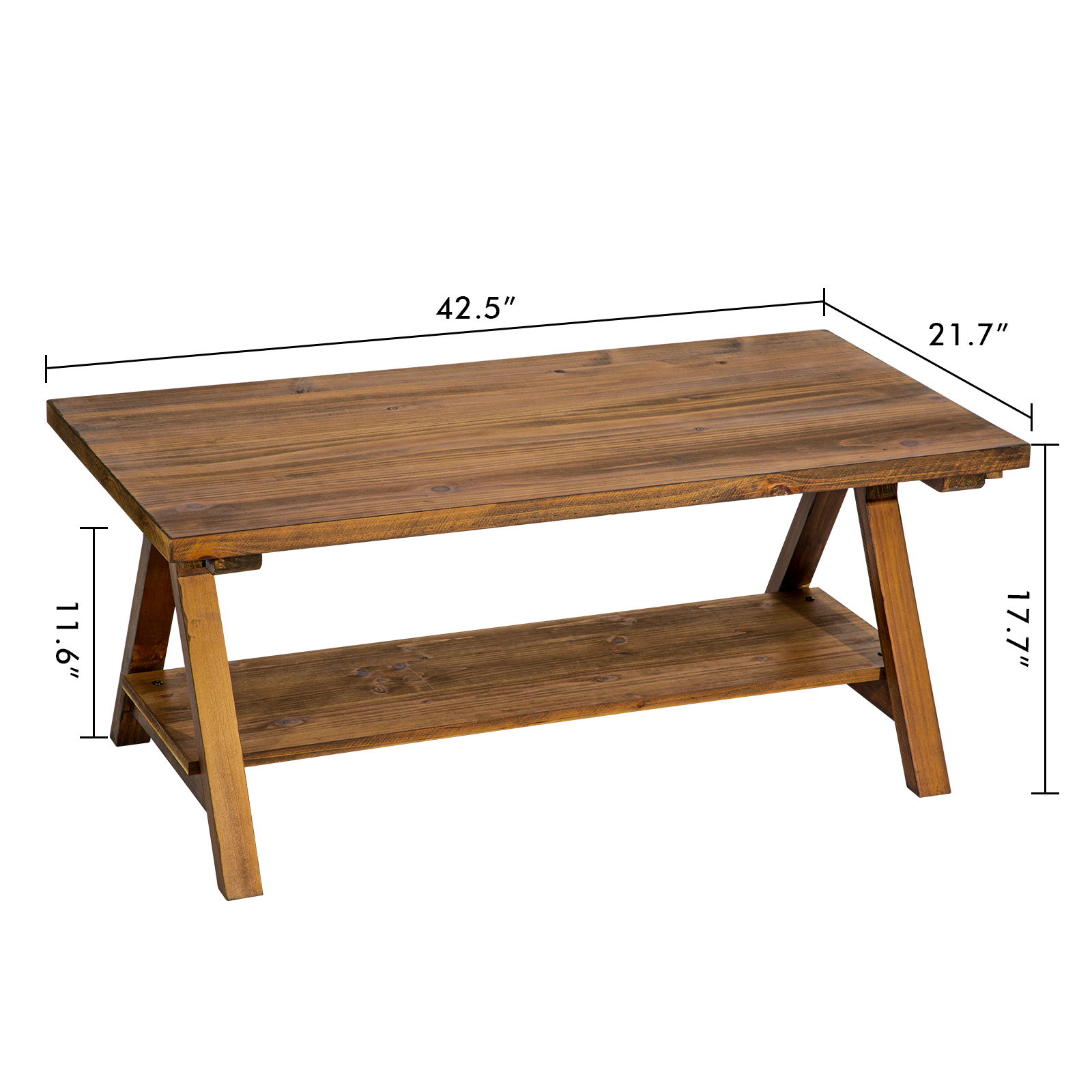 42.5” Rustic Solide Wood Coffee Table with Shelf, Coffee Center Table for Living Room, Mid Century Modern Rectangle, Oak