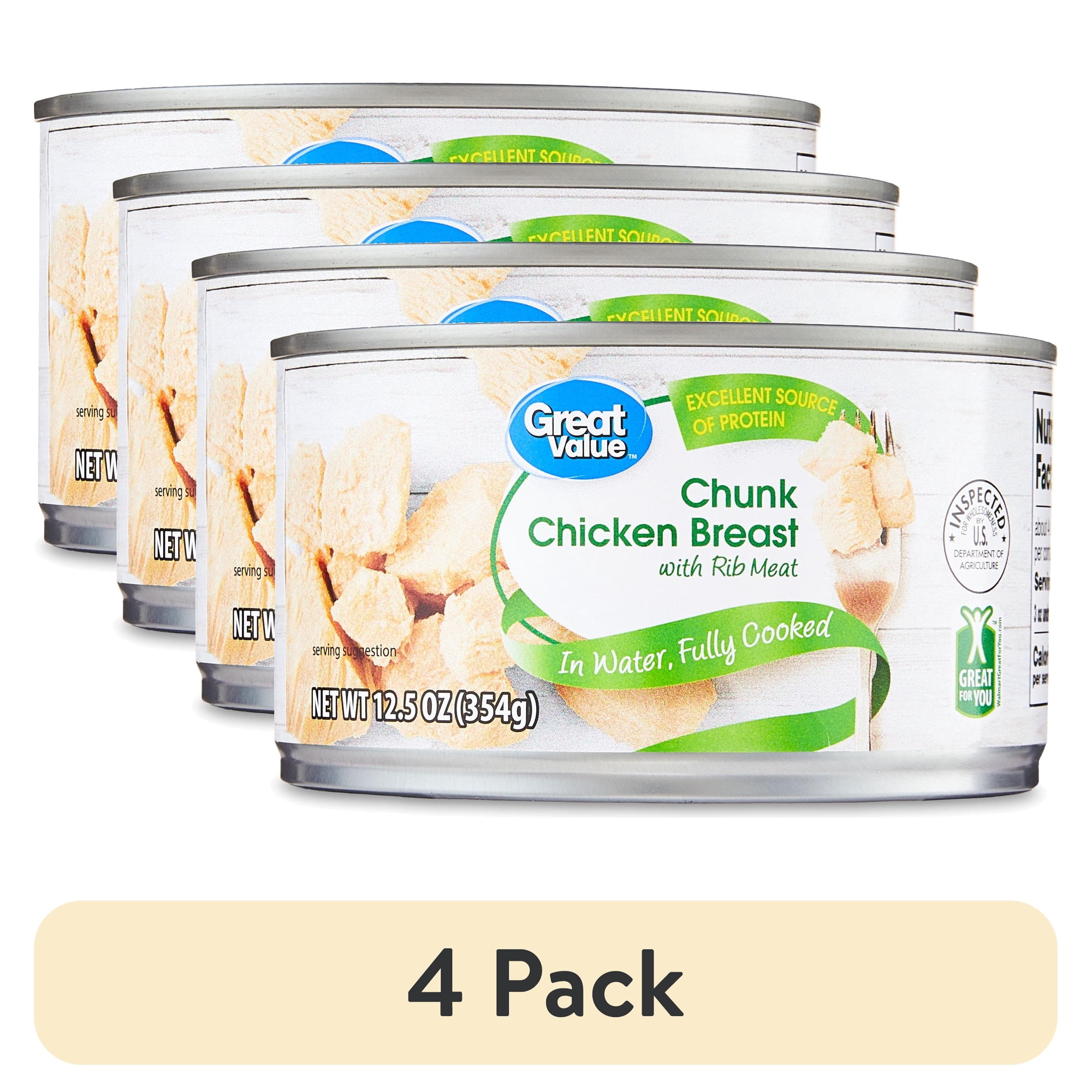 (4 pack) Great Value Chunk Chicken Breast with Rib Meat in Water, 12.5 oz Can