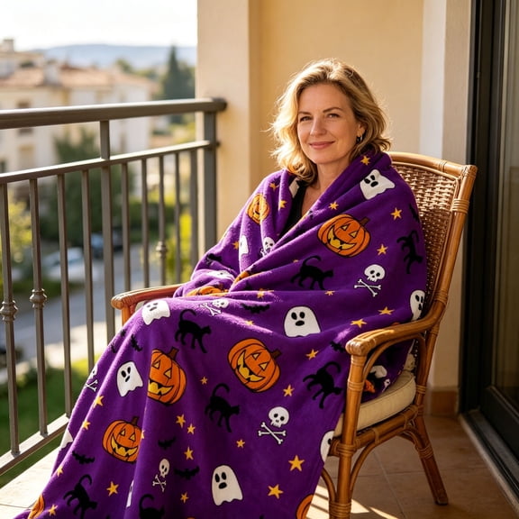 Halloween Throw Blanket,Halloween Blanket,Purple Throw Blanket,Orange Pumpkin Face,Soft Cozy Fall Blankets And Throws,Multiple Sizes
