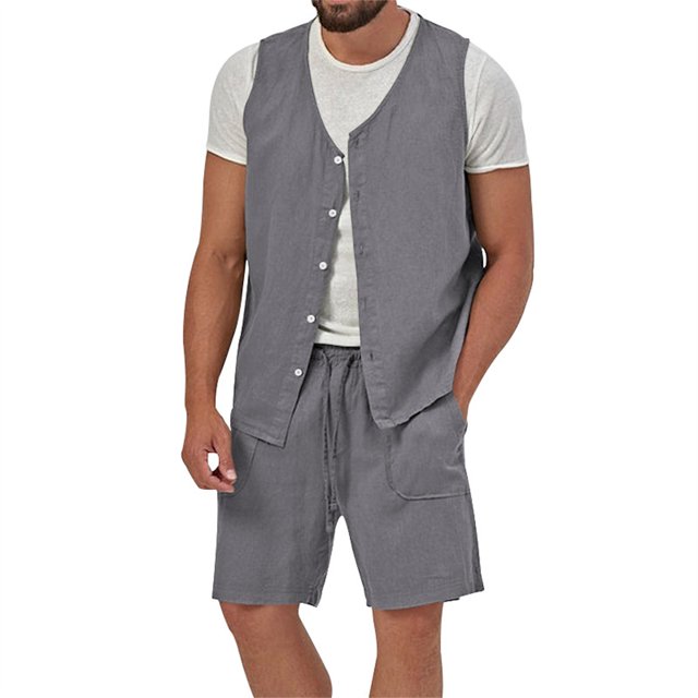 Snorda Men's Solid Color Button-Up Waistband Tank Shorts Two-Piece Crew-Neck Tank Suit