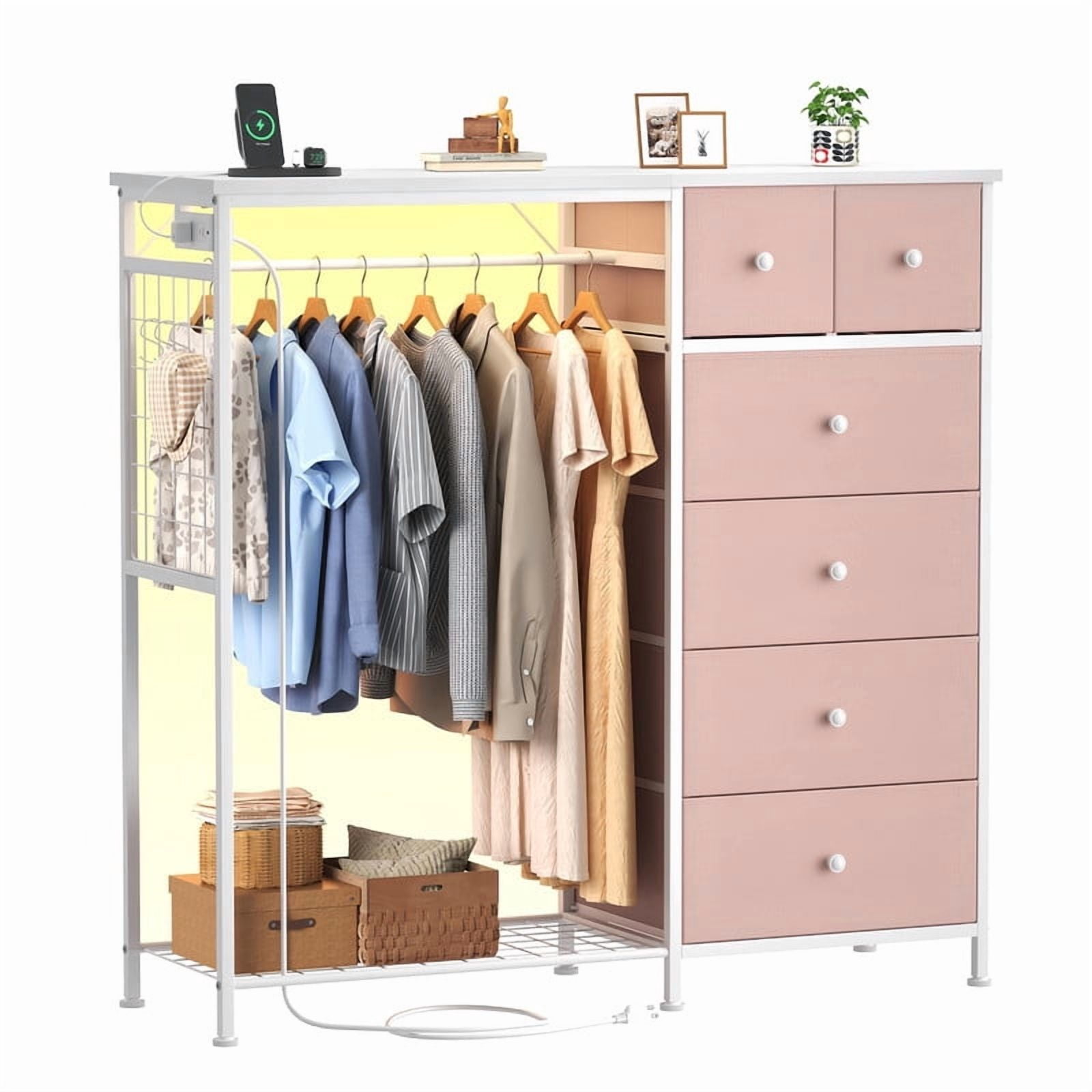 Kelno 6 Drawer Dresser with Hanging Rack LED Lights Charging Station Fabric Closet Organizer Storage Tower, Pink