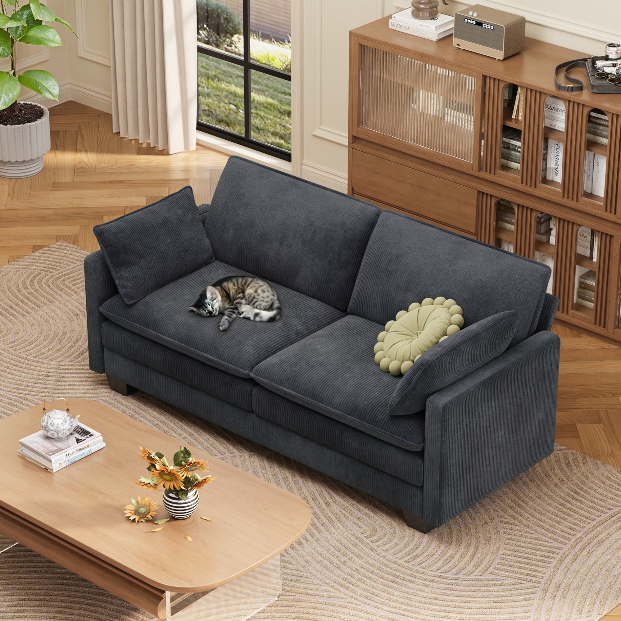 Lofka 74.8"Loveseat Sofa, Corduroy Fabric 2-Seater Cloud Couch with Pillows, Small Space Friendly for Apartment Living Room, Grey