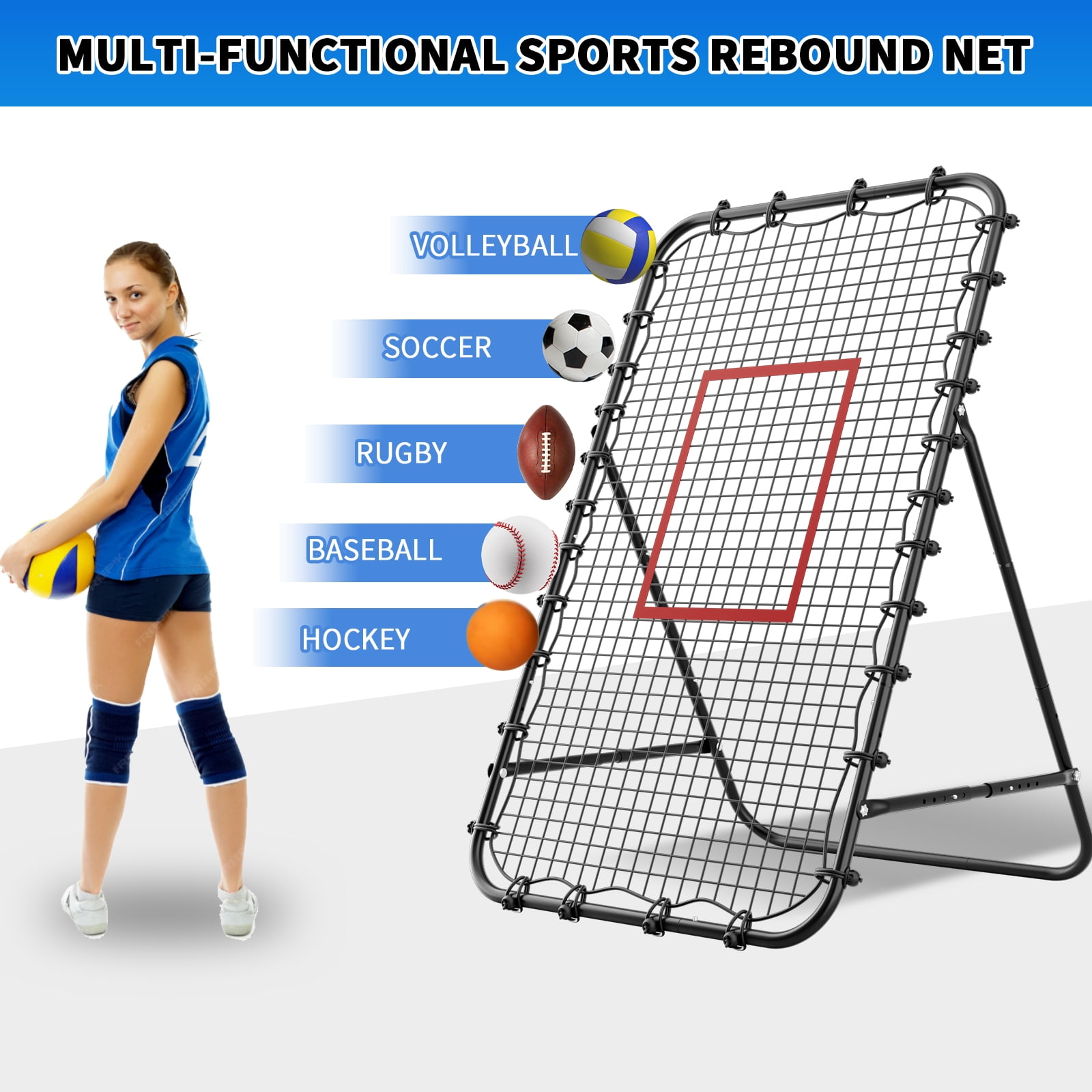 7x4 FT Volleyball Rebounder Net，Ultimate Training Equipment for Volleyball & Lacrosse，Enhanced Bouncing System for Volleying, Bumping, Spiking Drills，Multiple Adjustable Rebound Angles(Black）