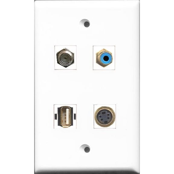 RiteAV 1 Port RCA Blue and 1 Port Coax Cable TV- F-Type and 1 Port USB A-A and 1 Port S-Video Wall Plate