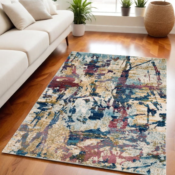 HomeRoots 551182 5 x 7 ft. Abstract Distressed Rectangle Area Rug, Cream, Blue & Green