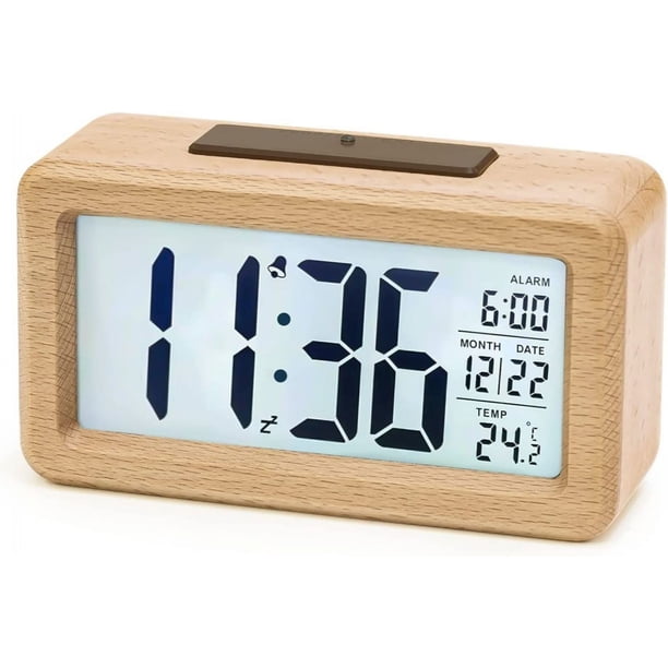 Reloj despertador digital, reloj despertador digital de madera con módulo de sensor, reloj de mesa con pantalla grande, fecha, visualización de temperatura, luz nocturna, reloj digital con módulo de