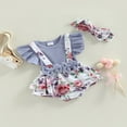thumbnail image 3 of Baby Girl‘s Romper   Neck Ruffle Sleeve Bowknot Decorated Floral Printed Patchwork Romper + Headband, 3 of 7