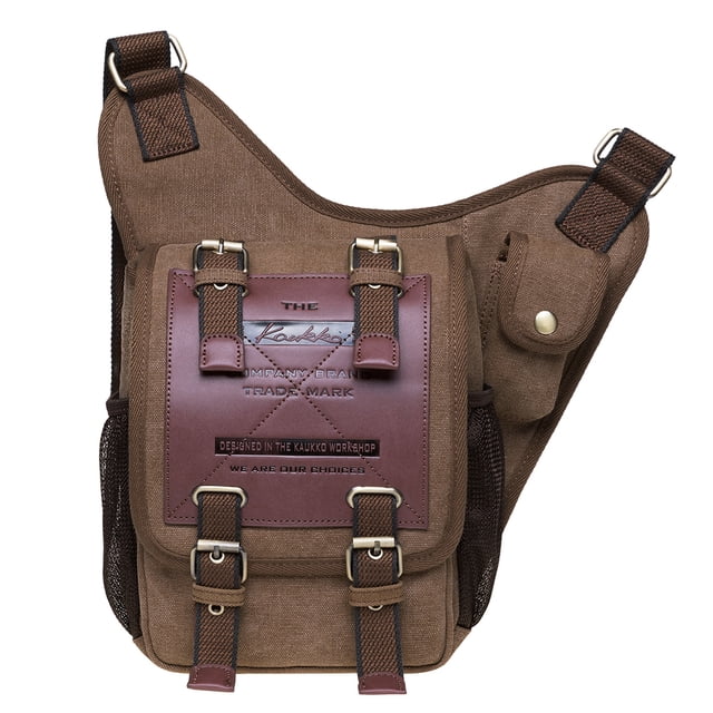 Bolso bandolera de hombro de lona vintage para hombre Bolso bandolera de patchwork de cuero en el pecho (03Caqui) KAUKKO FH03-KHAKI-CLASSIC