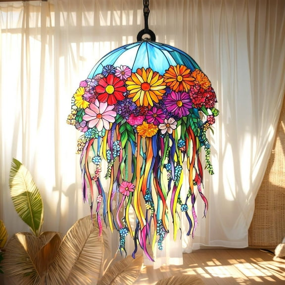 Rainbow Flower Jellyfish Suncatcher, Faux Wavy Acrylic Wavy Acrylic Window Hanging, Colorful Garden Decor Gift For Her