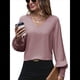 thumbnail image 3 of Camisa Informal Sencilla de Larga con Cuello en V para Mujer, Color Liso, Plisada, con Mangas Farol Rosa M, 3 of 9