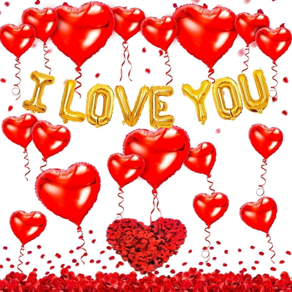 COZIMAGIC I Love You Balloons and Heart Balloons Kit with Rose Petals, Valentines Day Decorations for Party