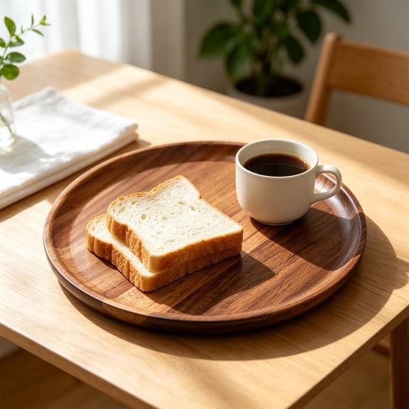 Round Acacia Wood Serving Tray, 9.8in Natural Grain Decorative Wooden Platter for Tea, Fruit, Snack, Breakfast, Home Cafe Table Decor
