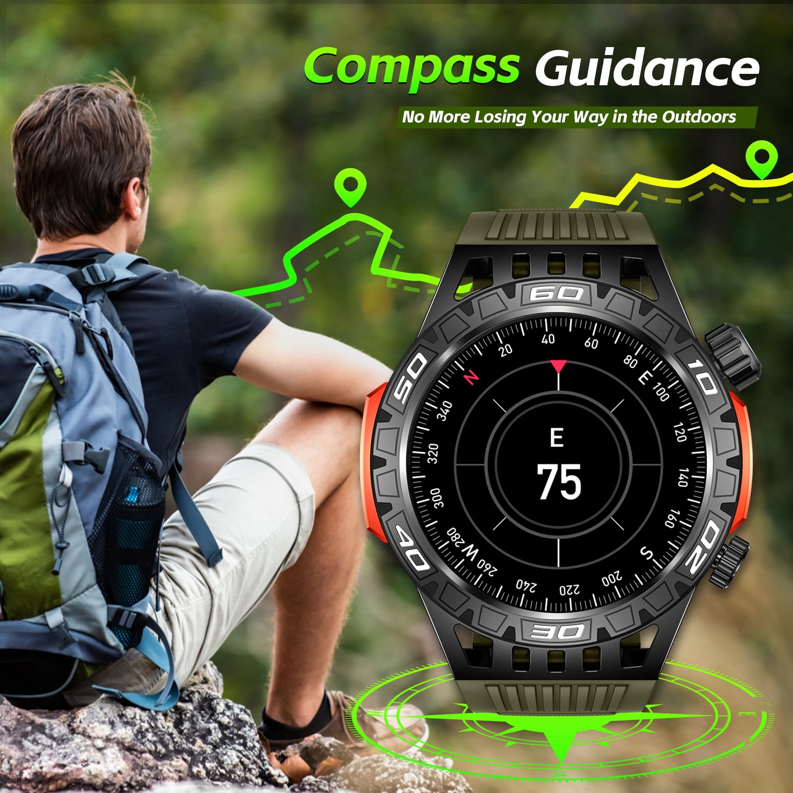 XAXRE HT22 Smart Watch for Men with LED Flashlight (Answer/Dial Calls), Compass, 100+ Sports Modes, Rugged Smartwatch Compatible with iOS Android, 1pc