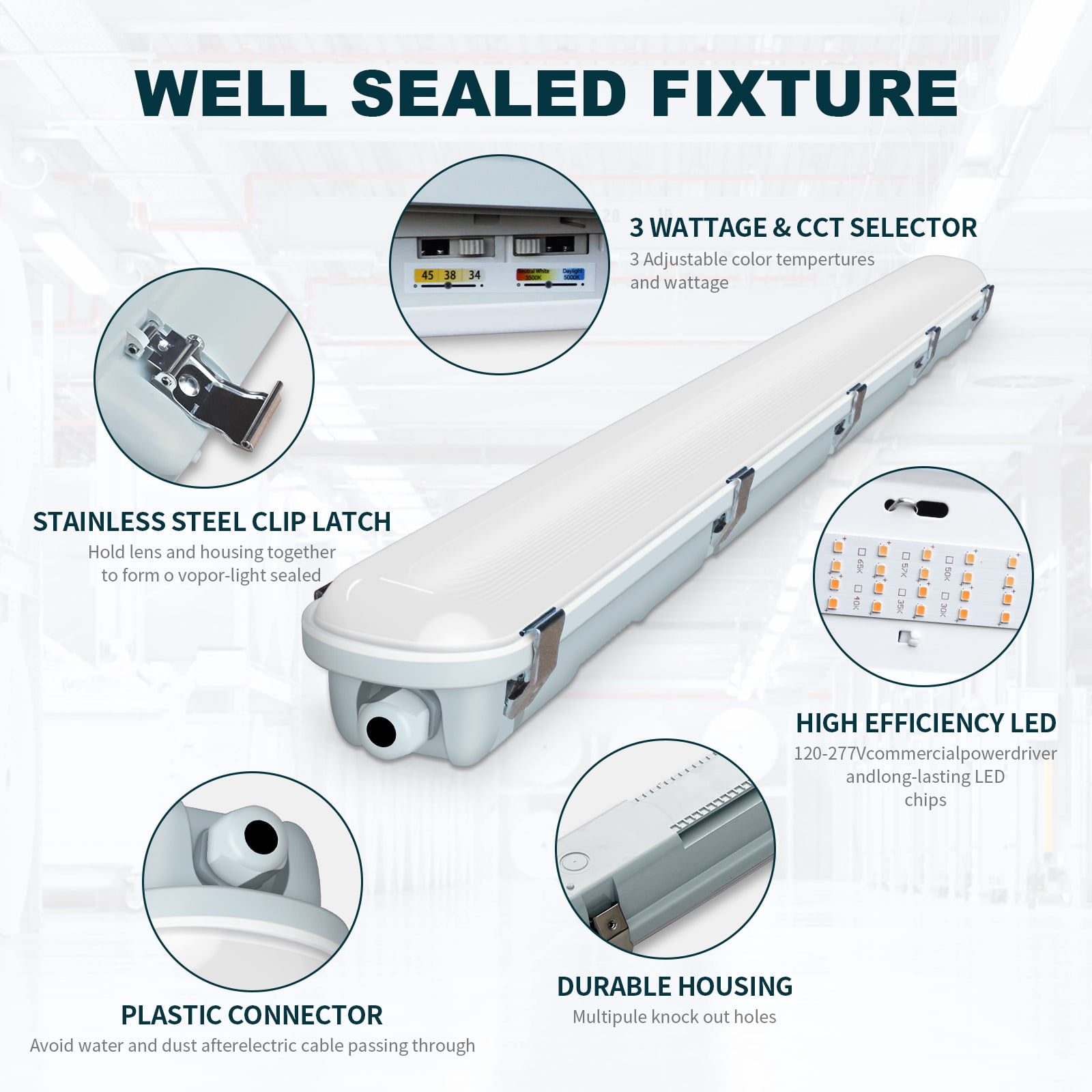 4FT LED Vapor Tight Light, 34/38/45W,5850lm,IP65 Waterproof Led Outdoor Shop Light,3500K/4000K/5000K CCT Selectable,UL&DLC Listed Led Shop Light for Parking Garage,Carport