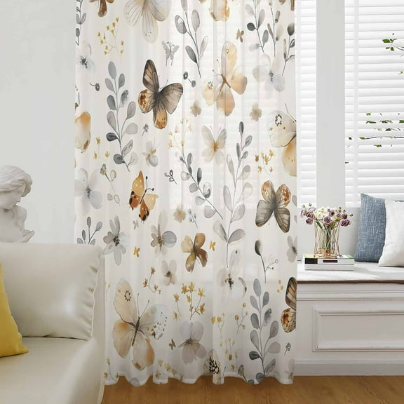 Retro Spring Floral Semi Sheer Curtains Drapes for Living Room, Bedroom, French Doors Window 45 Inches Long, Brown Butterfly Botanical Rod Pocket Chiffon Curtain Drapery Voile Draperies Panel