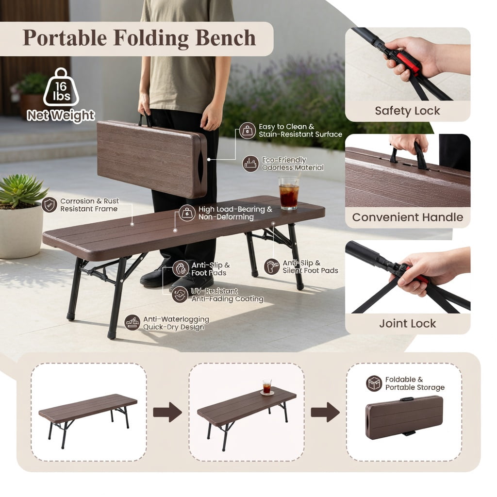 Hommoo 6 Foot Heavy-Duty Folding HDPE Picnic Bench, Compact Foldable Design with Secure Handle Lock, Outdoor Bench for Camping, Backyard, Sports Events, Brown
