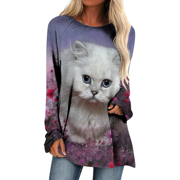 Blusa de manga larga con cuello redondo para mujer, camisetas informales con estampado de animales Pompotops FGAJ781