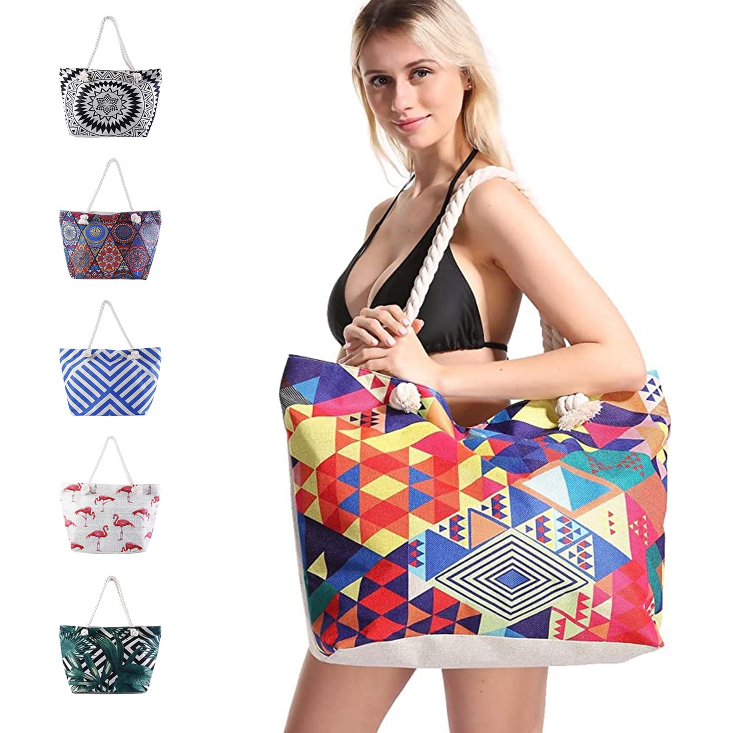 Women Large Beach Bag Canvas Waterproof Tote Bag with Zipper Pockets for Swim Pool Gym Hiking Picnic Travel 