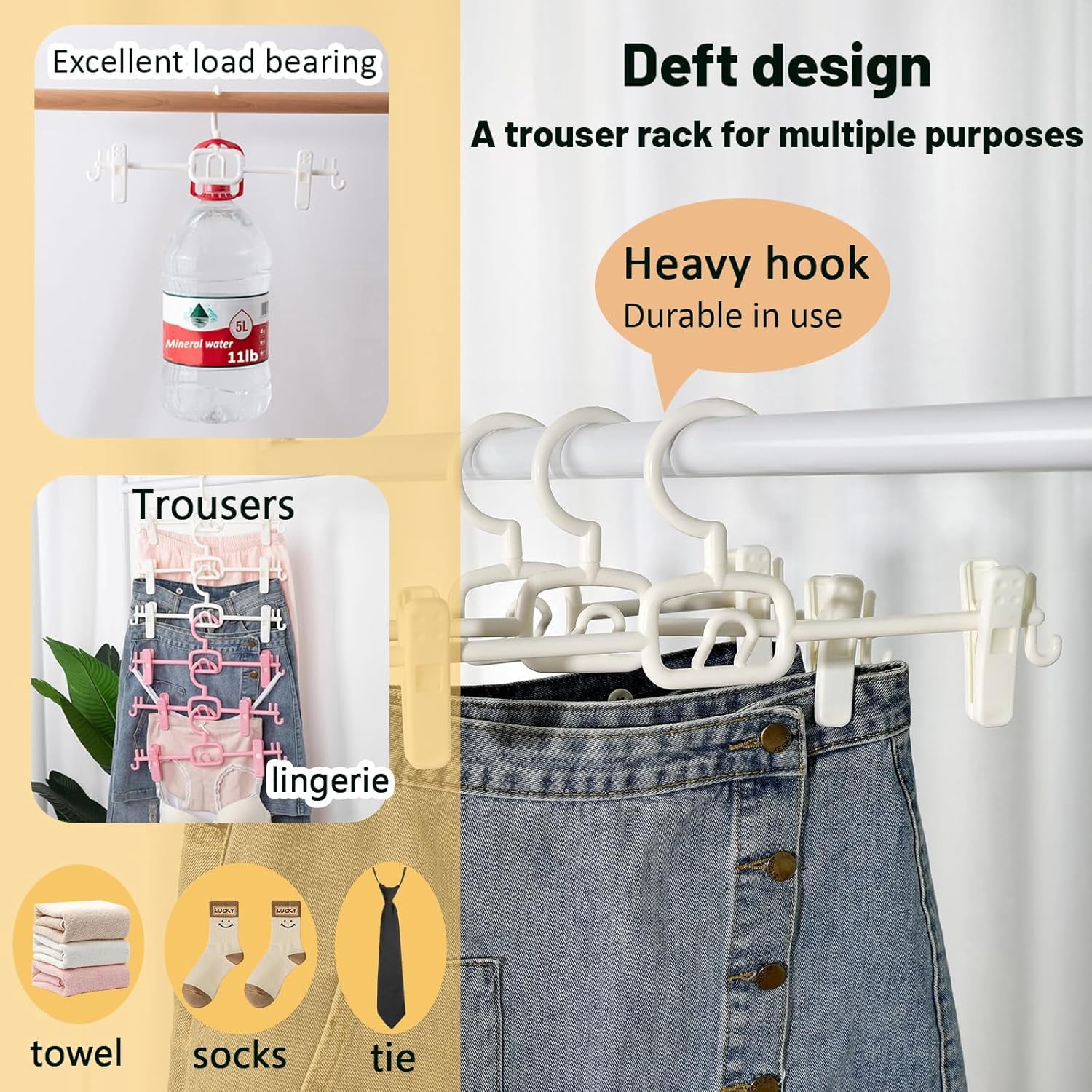 18 Pack Pants Hangers with Clips-Stackable White Plastic Trouser Skirt Hangers, 360 °   Swivel Hook, Adjustable Non-Slip Clips, Space Saving Closet Organizers for Jeans, Baby Clothes, Drying