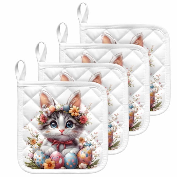 Easter Cat Pot Holders for Kitchen Heatproof Potholder, 4 Pack Cute Spring Flower Cartoon Eggs Boho Botanical Hot Pads Multipurpose Oven Pads Cloth Potholders Trivet for Cooking and Baking