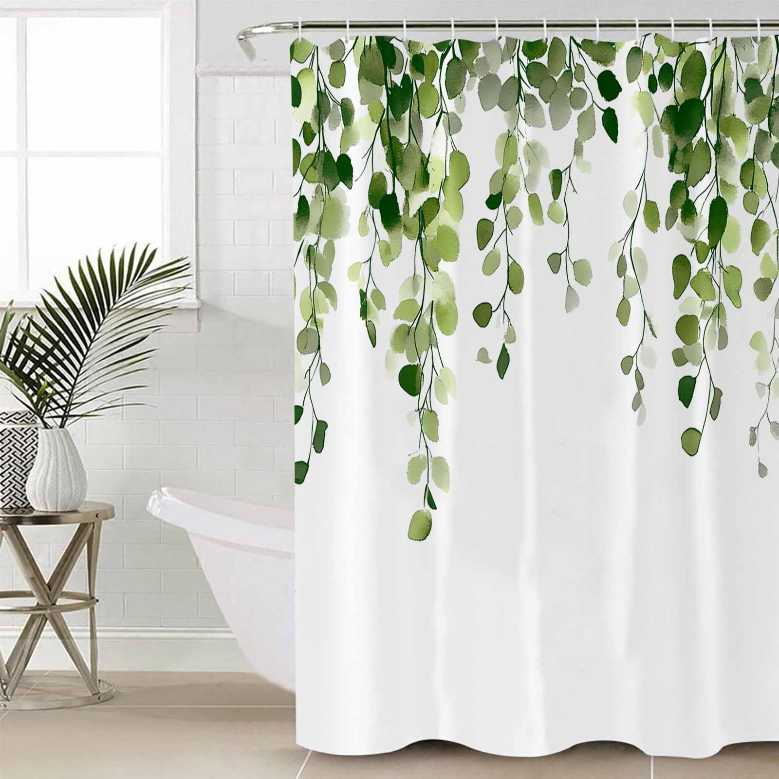 Extra Long Shower Curtain 72x96 Inch, Green Eucalyptus Leaves Shower Curtain Waterproof Bathroom Decor Summer Watercolor Leaf Fabric Bath Curtain Set Accessories with Hooks