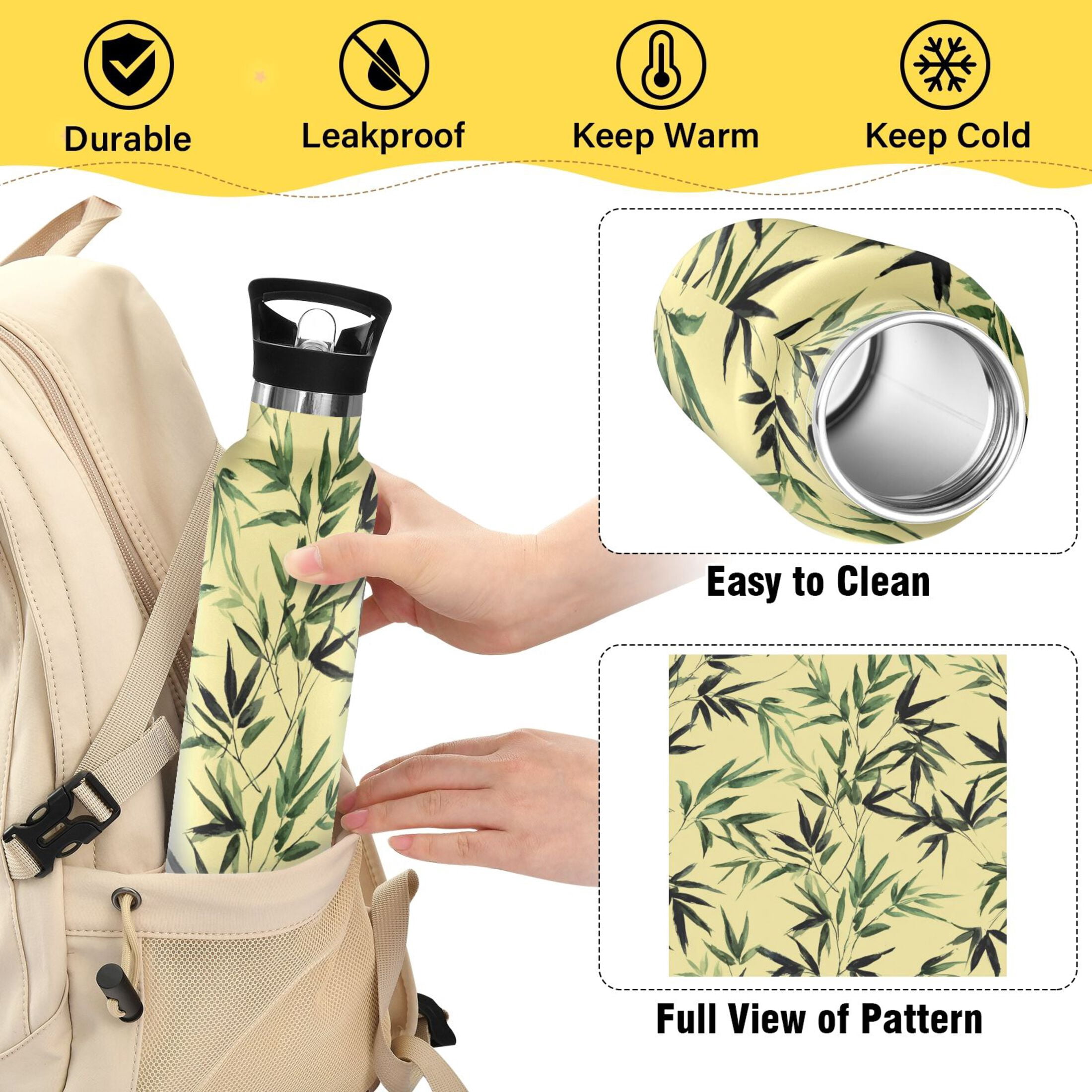 Kids Insulated Stainless Steel Sports Water Bottle 600ml (20oz) Bamboo and Green Leaves