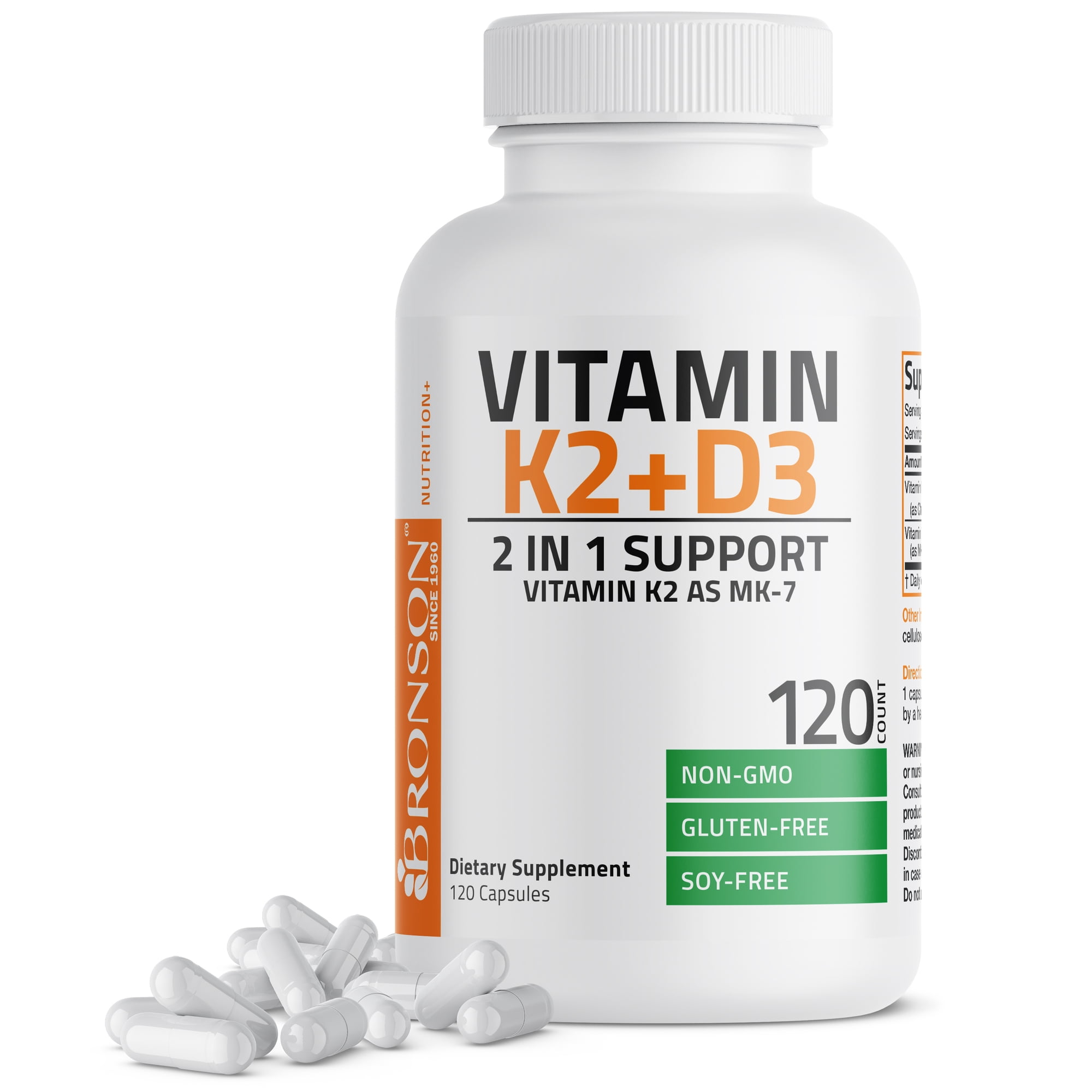 Bronson Vitamin K2 (MK7) with D3 Supplement Bone and Heart Health Non GMO & Gluten Free Formula - Easy to Swallow, 120 Capsules
