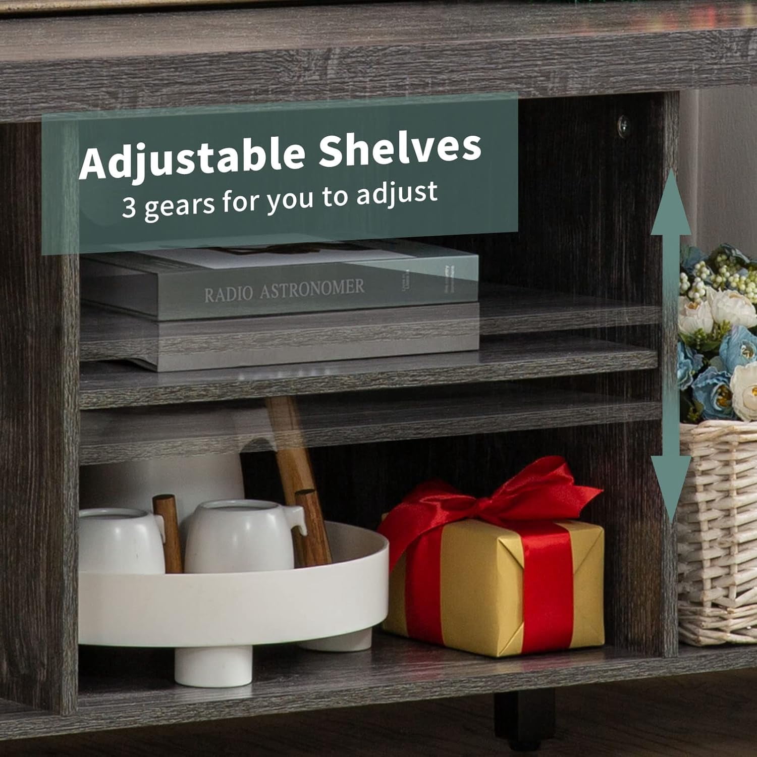 Reliancer Farmhouse TV Stand for TVs up to 55", with 4 Number of Shelves, Open Storage, Grey