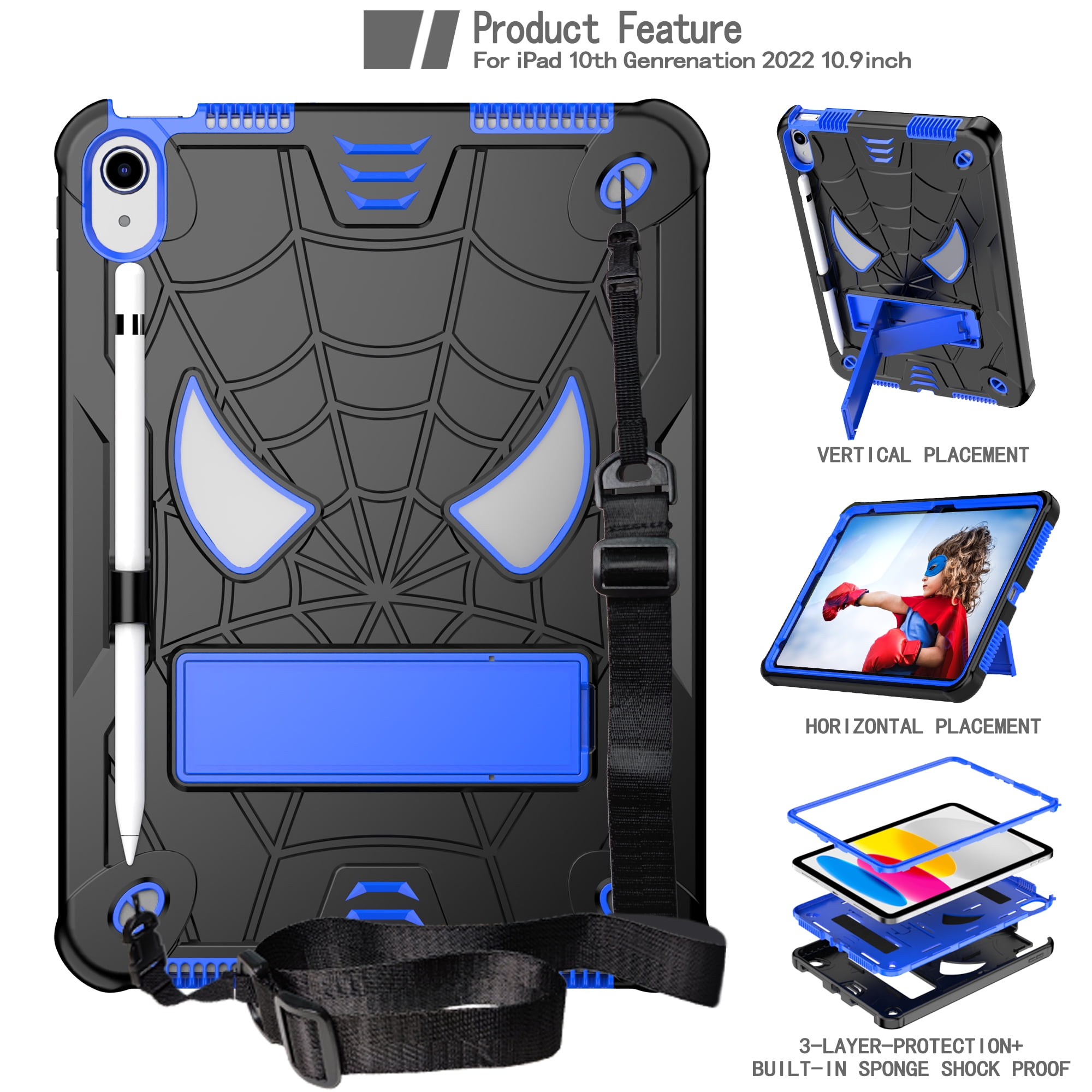 Rugged Shockproof Protective Case for Apple iPad A16 11th Gen 11" 2025 & iPad 10th Gen 10.9" - Heavy Duty 3-Layer Armor, Built-in Kickstand, Shoulder Strap, Pencil Holder, Shock Absorption,Black+Blue