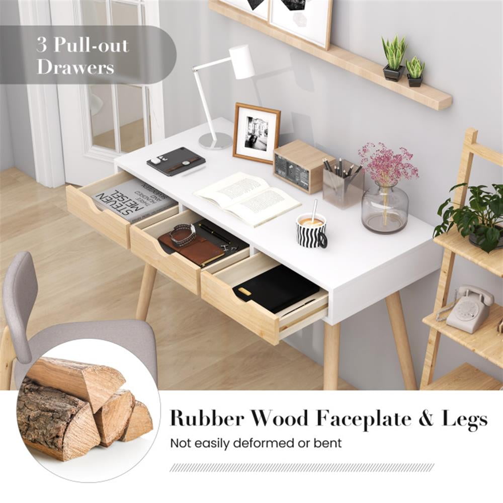 Demi Bonn Computer Desk with 3 Drawers and Solid Rubber Wood Legs for Home Office Desk Study Writing Table, White