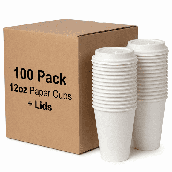 12 oz Compostable Paper Cups with Lids - 100 Pack Biodegradable Bagasse Sugarcane Pulp Alternative to Plastic Hot Cold Drinks Leak Proof Microwave Safe