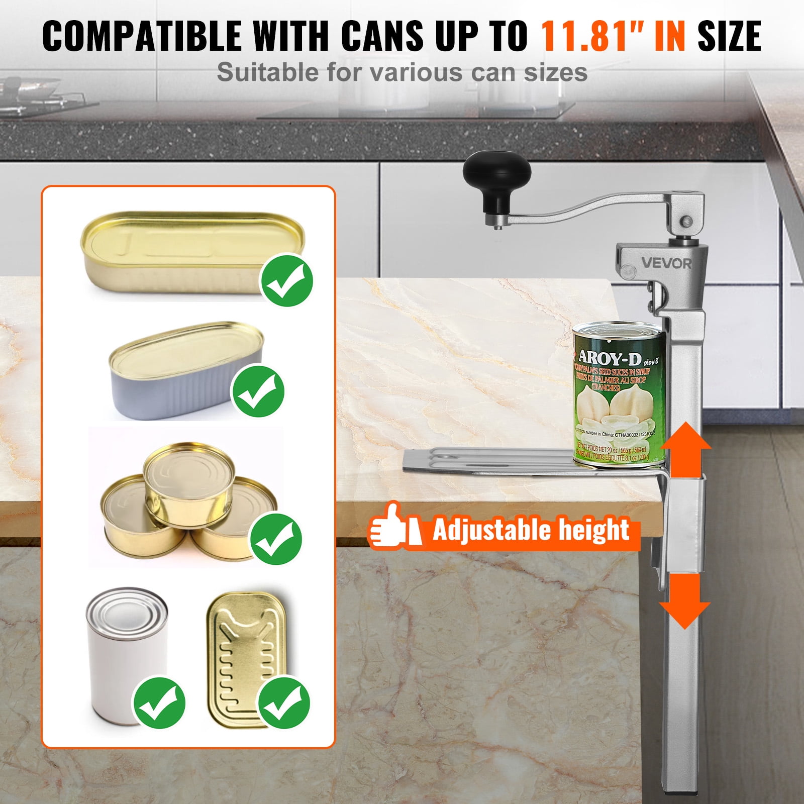 VEVOR Commercial Can Opener, Heavy-Duty Manual Tabletop Cans Opener for Cans Up to 11.8 in Height, Height-Adjustable Professional Can Openers Fixed with Screws, for Restaurant, Hotel, and Food Store
