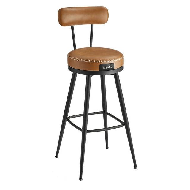 VASAGLE EKHO Collection - Bar Stools Set of 2, Swivel Counter Bar Stools with Backs, Synthetic Leather with Stitching, Mid-Century Modern, 30-Inch Tall, Kitchen Home Bar, Caramel Brown