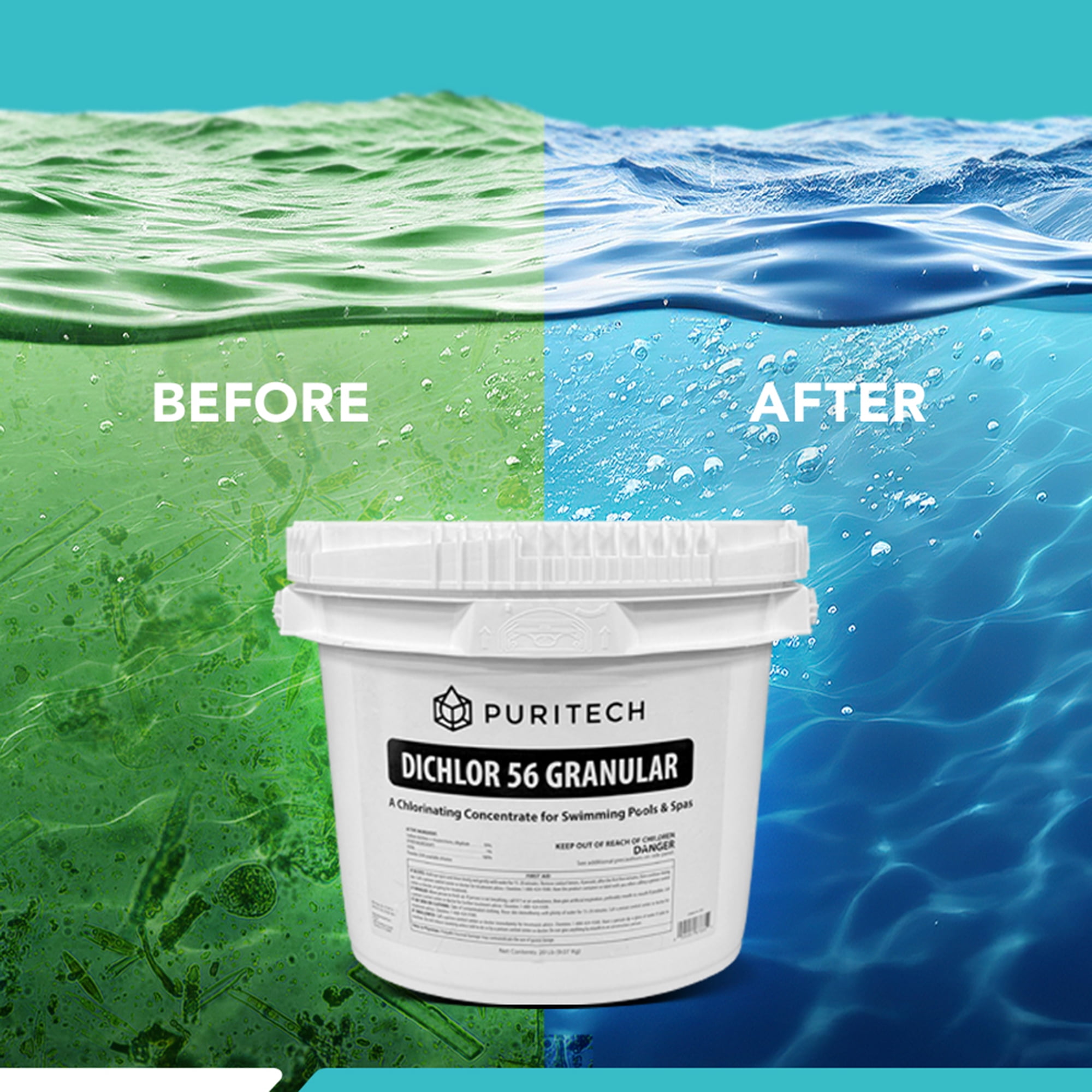 Puri Tech Sodium Dichlor Chlorine Shock Granules for Sanitizing Hot Tubs and Spas – Fast-Acting, pH Balanced Sanitizer - 56% Available Chlorine, 99% Sodium-Dichlor-20 Pound