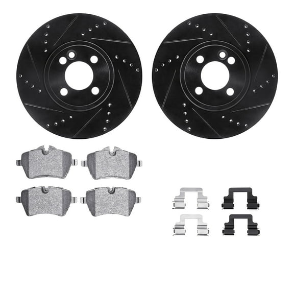 Dynamic Friction Company Front Brake Rotors-Drilled and Slotted-Black with 5000 Euro Ceramic Brake Pads includes Hardware 8612-32007