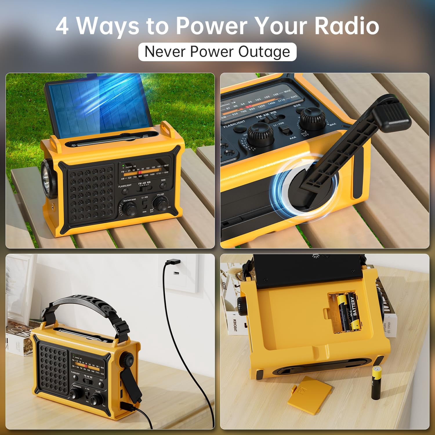 Noaa Weather Radio-12000mah/44400mwh Am/fm Emergency Portable Radio With Solar Panel/hand Crank/ac Input Rechargeable And Flashlight Sos Siren Lamp For Indoor/outdoor Emergencies