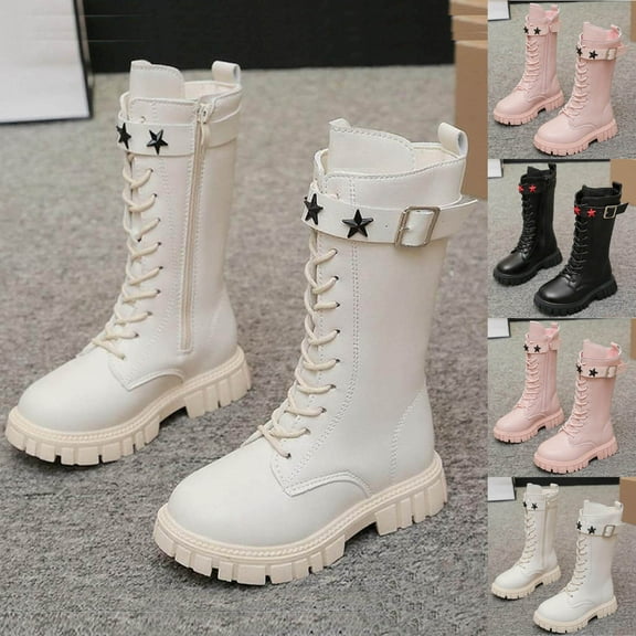Miluxas Girls Combat Boots Lace up Side Zipper PU Leather Waterproof Mid Calf Riding Winter Boots for Toddler/Little Kid/Big Kid Pink 10-10.5Years