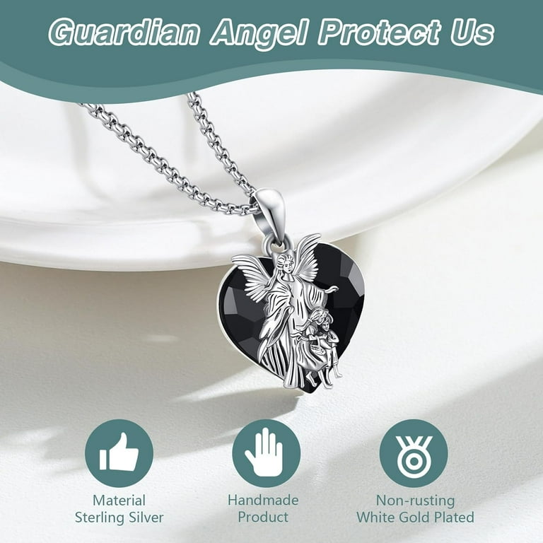 Guardian Angel Necklace for Women Men 925 Sterling Silver Heart Crystal Pendant Sacred Jewelry Gift Adult Unisex Size One Size
