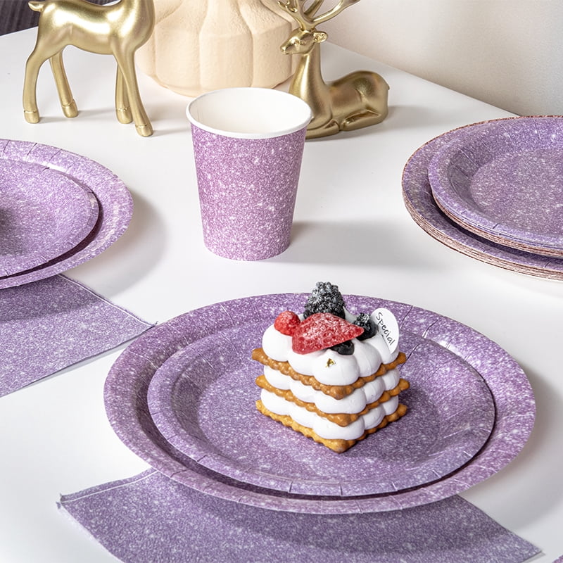 120 Pcs Purple Plates and Napkins Party Supplies, Disposable Paper Tableware Decorations Birthday Table Dinnerware Favors Set