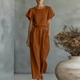 thumbnail image 3 of Dvprdro Crewneck Ruffle Sleeve Top and High Waist Wide Leg Pants Set for Women Elastic Waist Summer Casual, 3 of 7