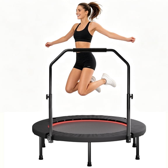 40Inch Mini Trampoline For Adults, Foldable Fitness Rebounder With Adjustable Foam Handle Bar, Quiet Spring Exercise Trampoline Indoor Outdoor Garden, Stable Rebounder Max Load 330LBS
