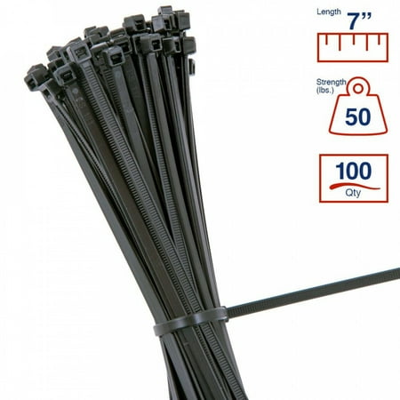 - BCT 7 Inch 50 lb Cable Ties - Medium Duty Industrial/Home Use - Bag of 100 - UV Black - UV Zip Ties - Y7500C