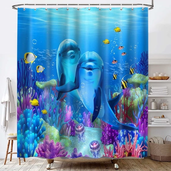 Dolphin Shower Curtain, Ocean Fish Themed Bathroom Decor Blue Sea World Animal Shower Curtains for Bathroom Fabric Bath Accessories 12 Pack Hooks 69x70inch