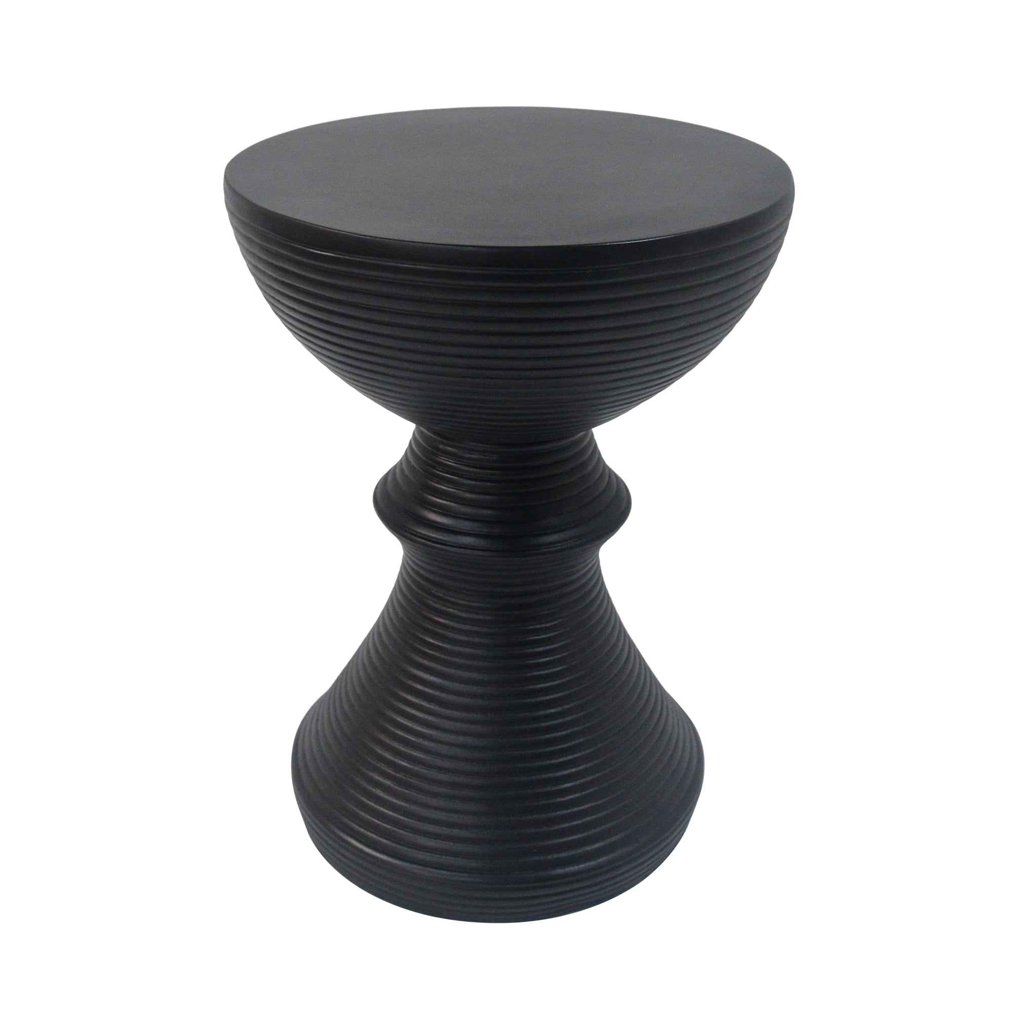 Hourglass Concrete Side Table, 16 Inch Ribbed Outdoor End Table for Patio Garden, Black