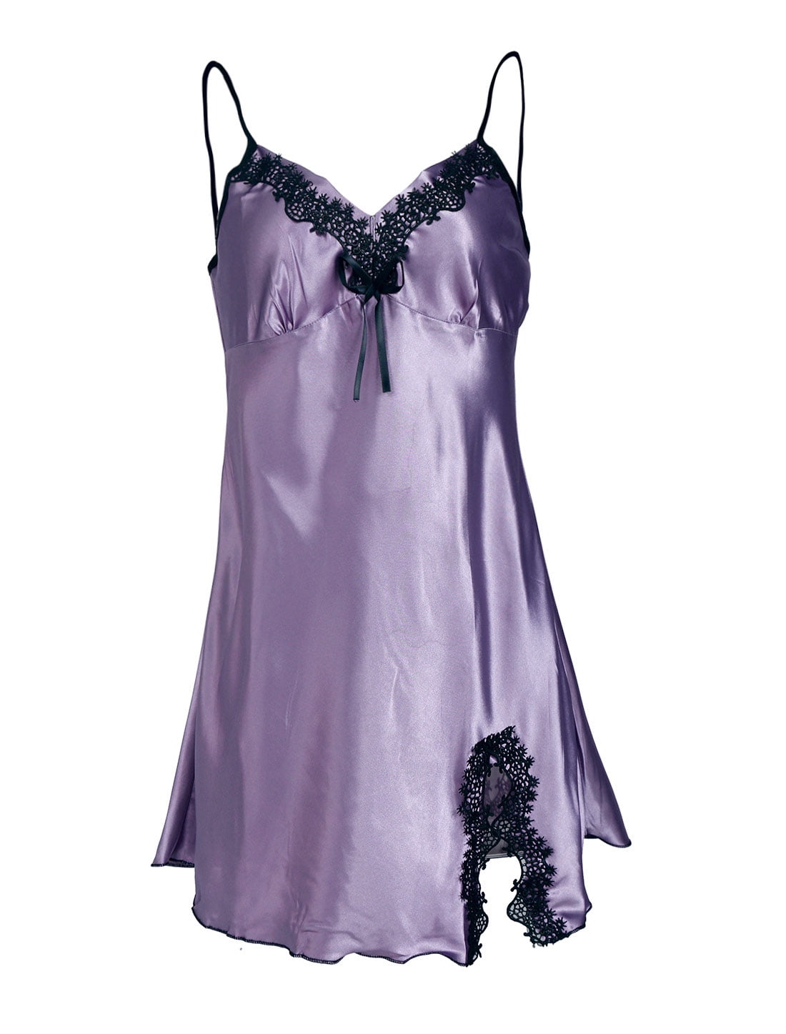 Women Satin Lace Trim Sleepwear Nightgown Pajama Slip Dress Lavender