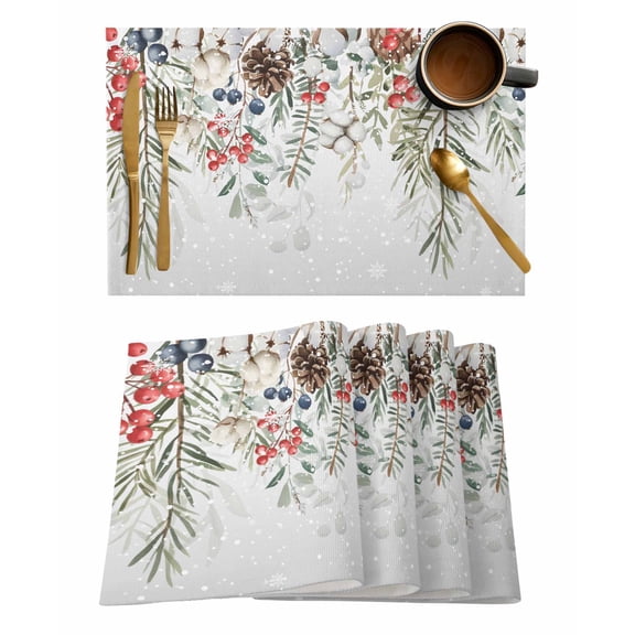 Placemats Set of 8, Sage Green Christmas Woven Placemat, Linen Place Mats for Kitchen/Dining Tables, Weeping Xmas Berry Floral Snowflake Washable Table Mats for Party
