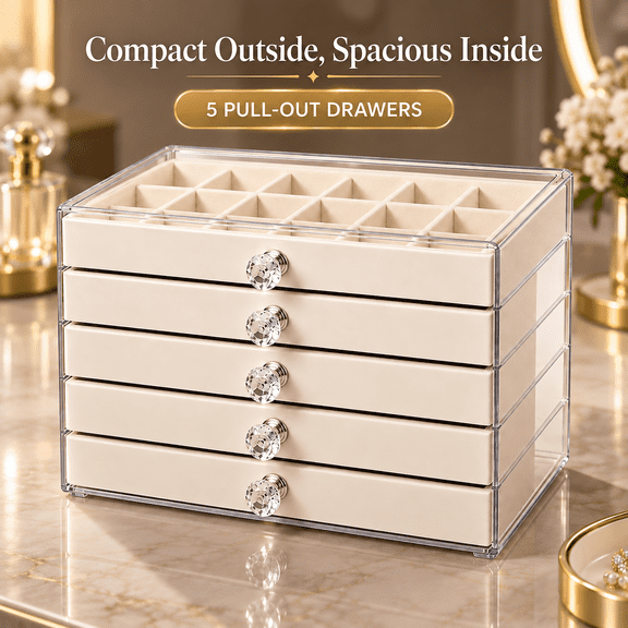 5 Drawers Acrylic Jewelry Box, Velvet Lined Jewelry Organizer with Crystal Knobs, Clear Display Storage Case for Earrings Rings Necklaces Bracelets
