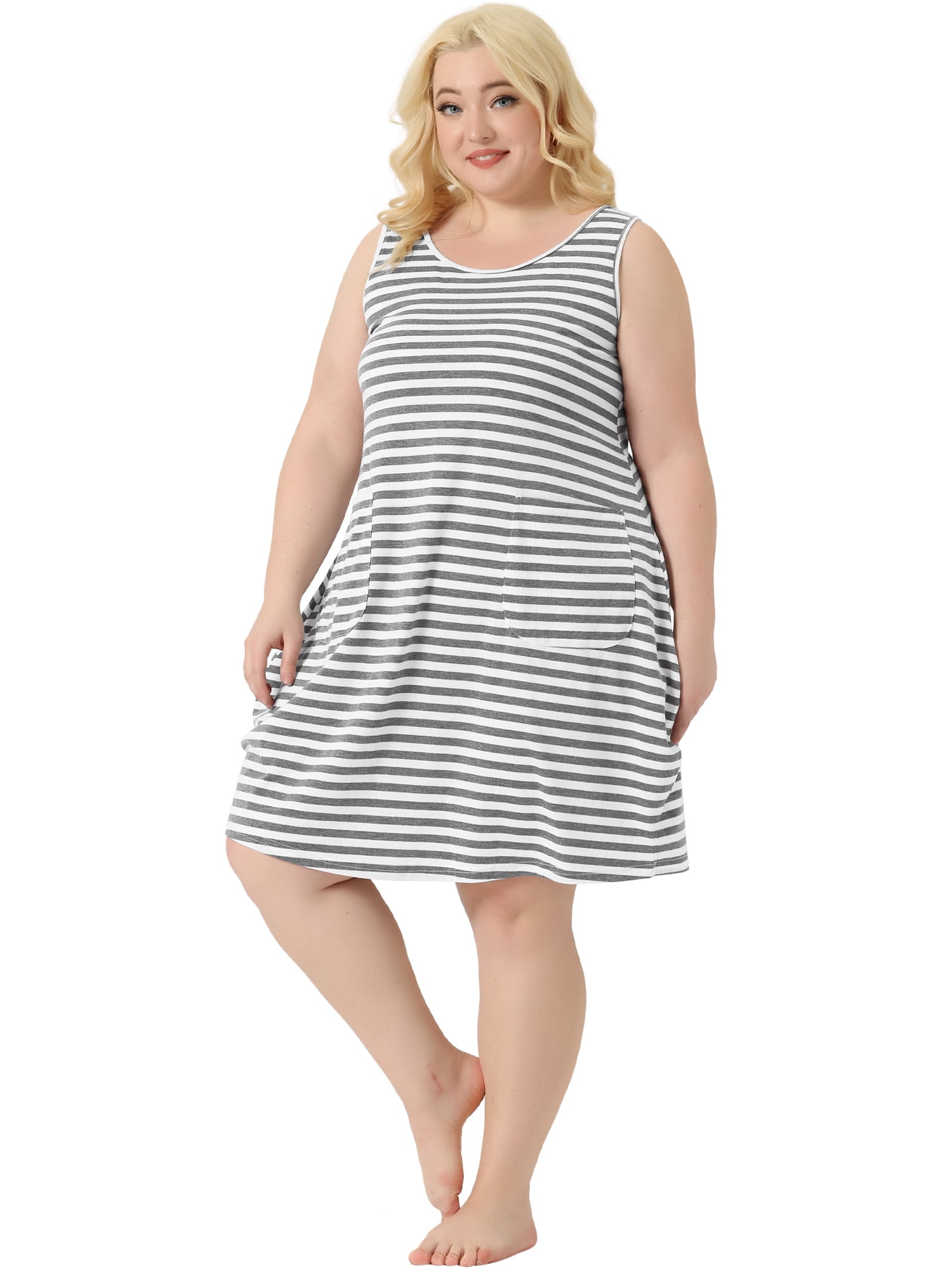 Unique Bargains Women's Plus Sleeveless Nightgowns Pockets Nightshirt 1X Grey