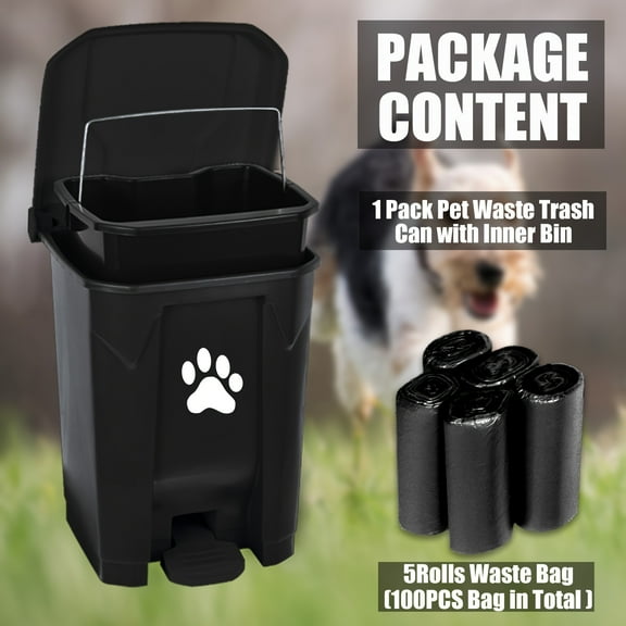 15L/4Gal Dog Poop Trash Can – Odor-Proof Paw Print Lid, Pedal-Operated – Includes Removable Bin & 3 Waste Bag Rolls – Durable Outdoor Pet Waste Station