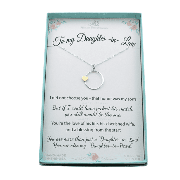 Daughter In Law Necklace. 925 Sterling Silver Circle with Bronze Heart on 18 Inch Chain. Wedding Gift from Mother in Law.